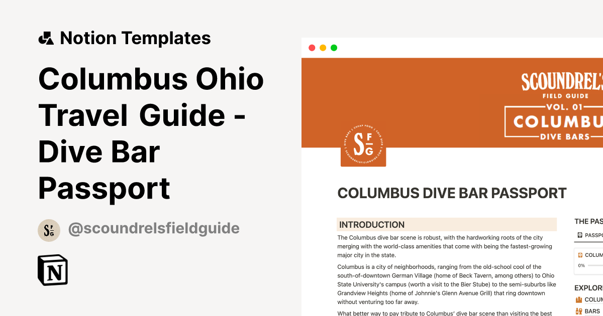Columbus Ohio Travel Guide Dive Bar Passport Notion Template