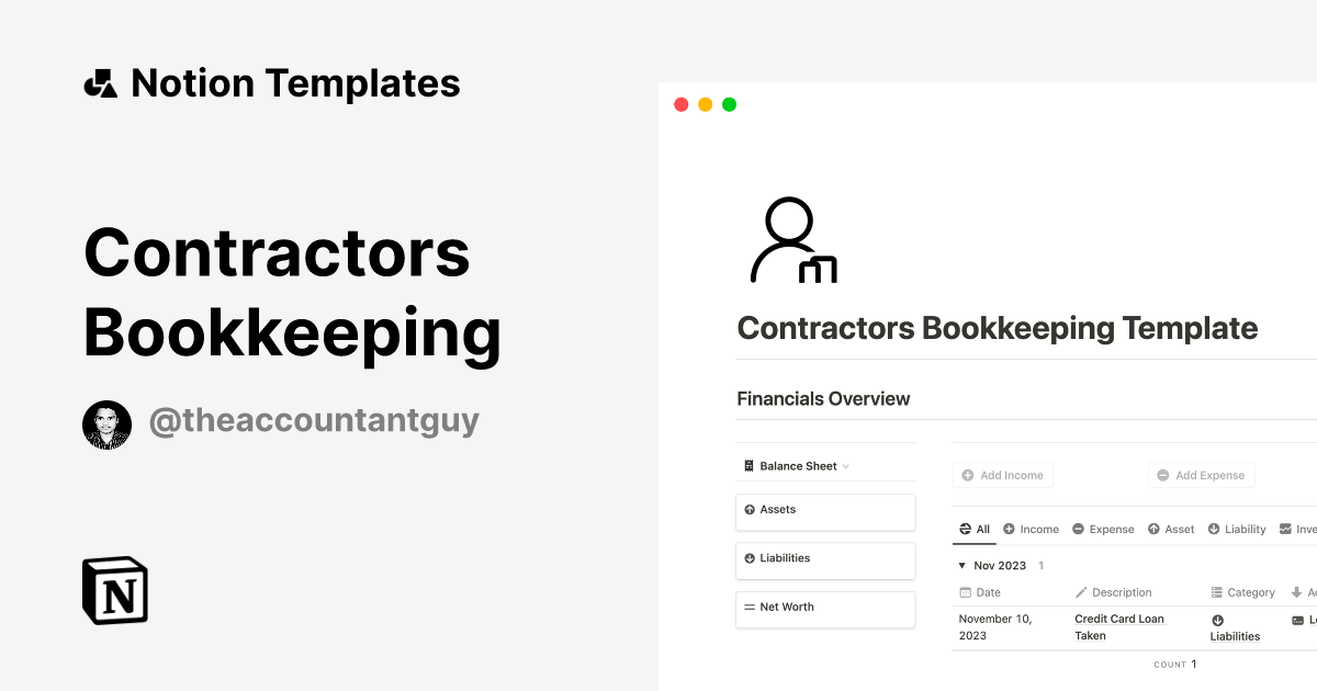 Contractors Bookkeeping by theaccountantguy FinanceGuy Notion Template