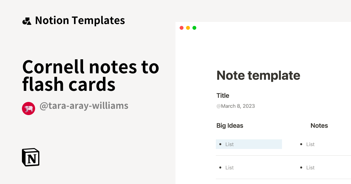 Cornell notes to flash cards Notion Template
