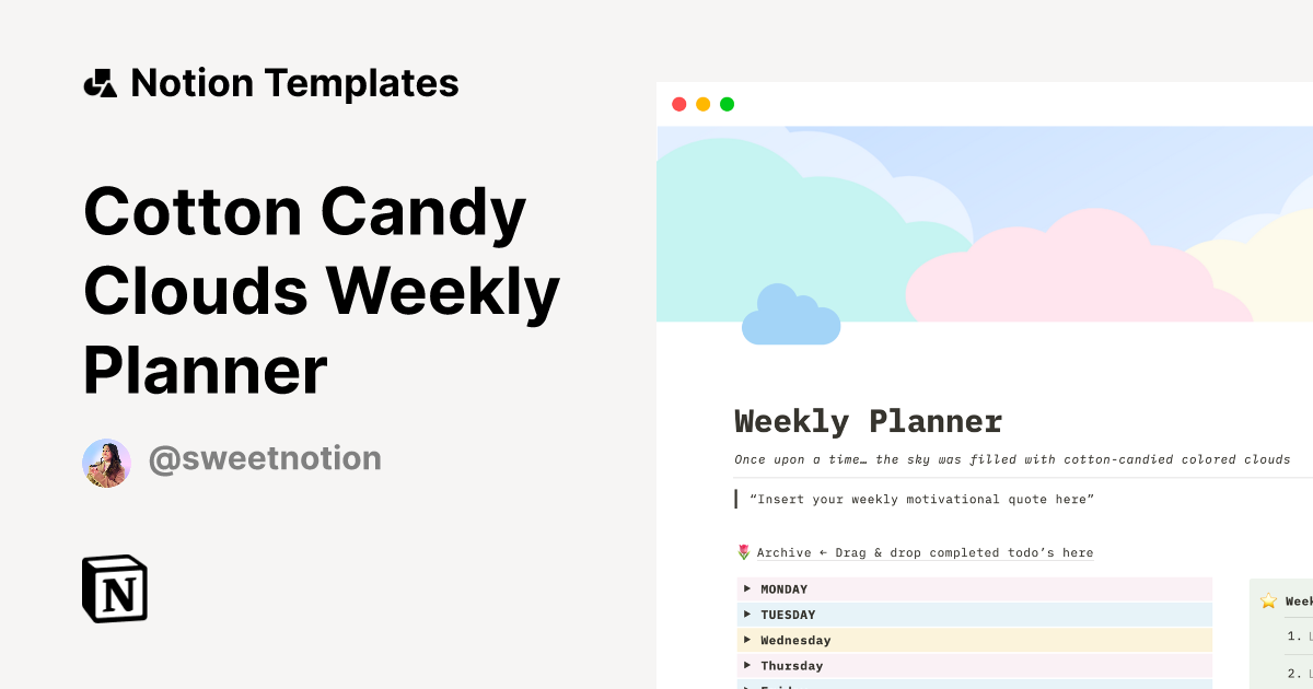 Cotton Candy Clouds Weekly Planner Notion Template