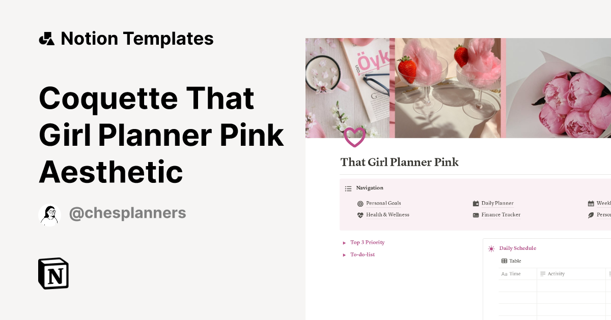 Coquette That Girl Planner Pink Aesthetic by Ches Planners Notion