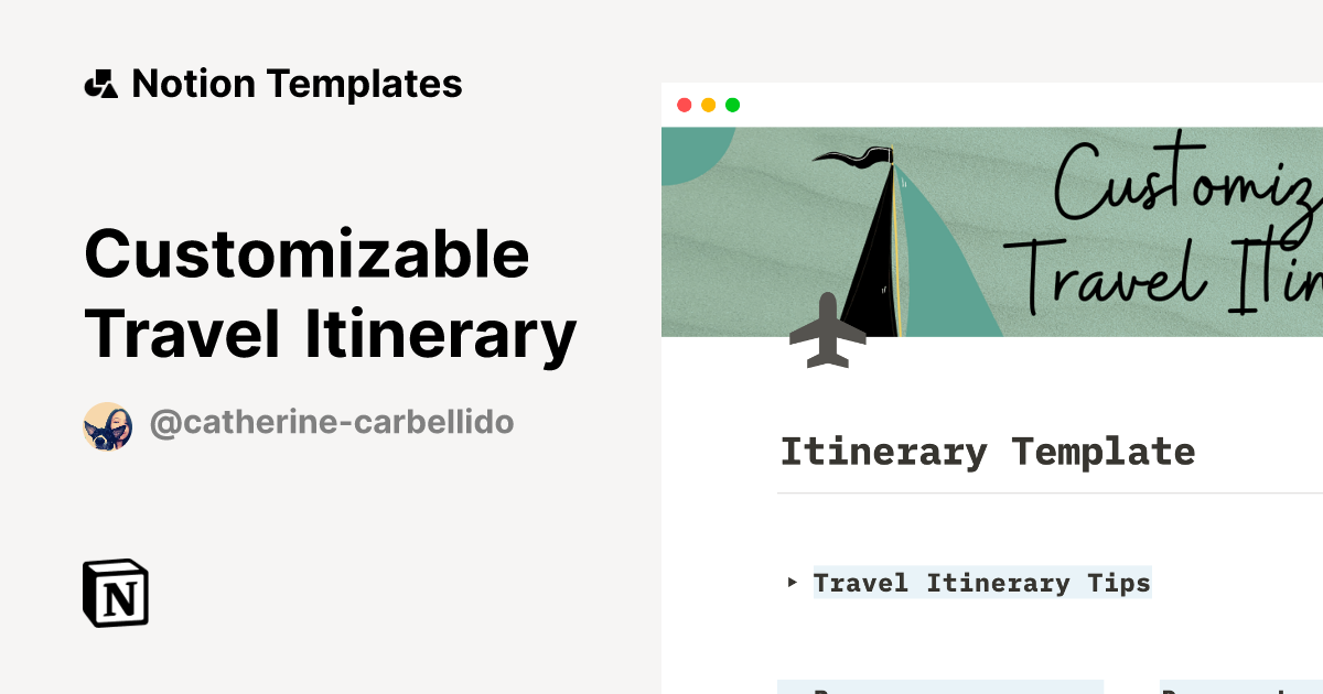 Customizable Travel Itinerary by Catherine Carbellido Notion Template