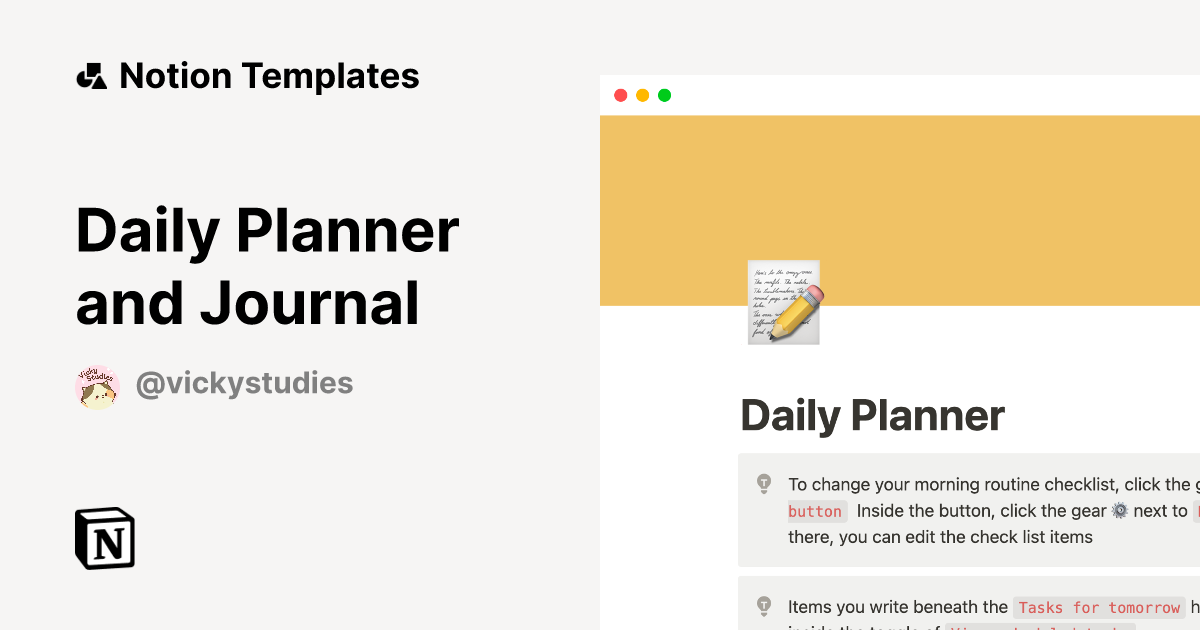 Daily Planner and Journal by VickyStudies Notion Template