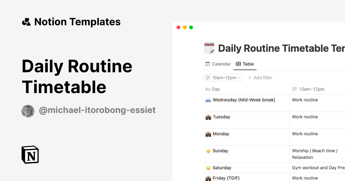 Daily Routine Timetable By Michael Itorobong Essiet Notion Template