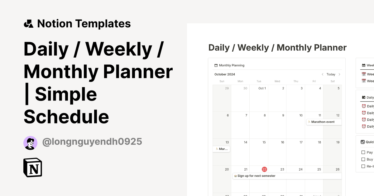 Daily / Weekly / Monthly Planner Simple Schedule Notion Template