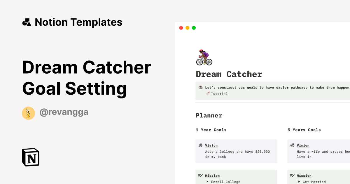 Dream Catcher Goal Setting by revangga Notion Template