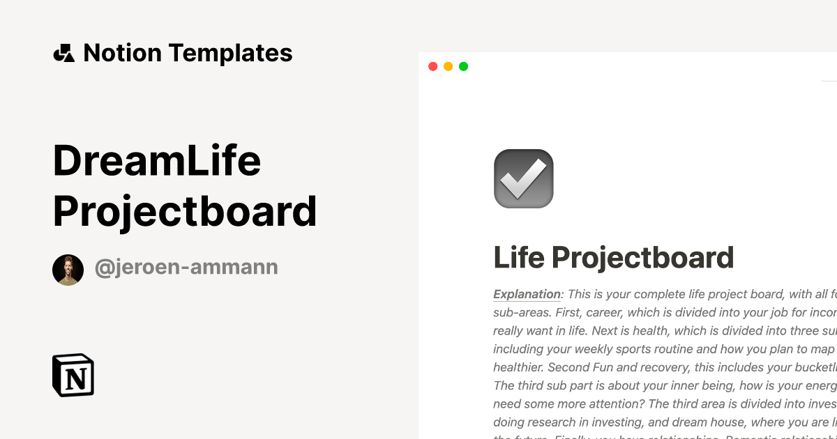 DreamLife Projectboard by Jeroen Ammann Notion Template