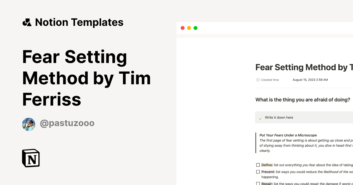 Fear Setting Method by Tim Ferriss Notion Template