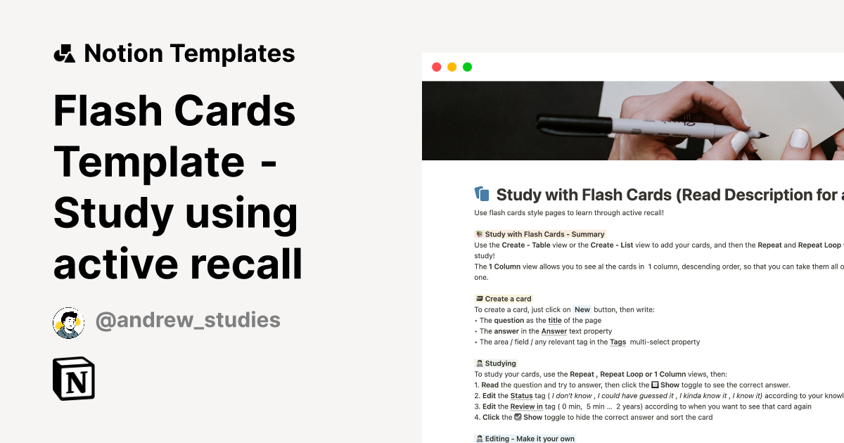 Flash Cards Template Study using active recall by Andrew Notion