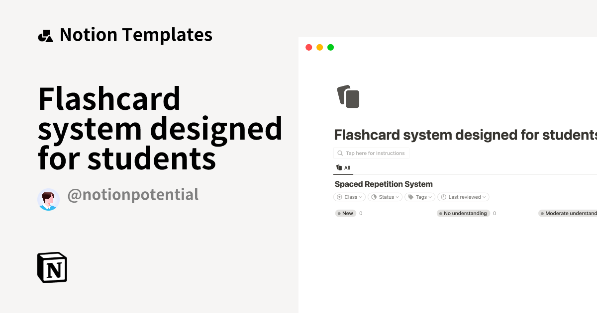 Flashcard system designed for students by NotionPotential Notion Template