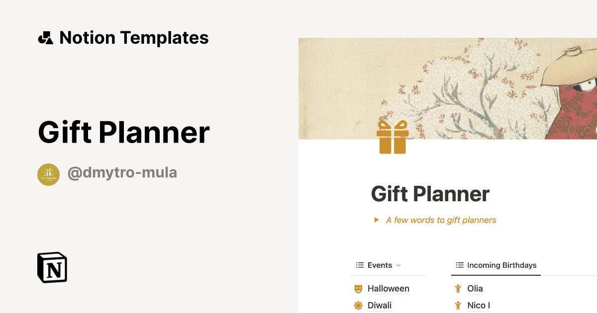 Gift Planner by Dmytro Mula Notion Template