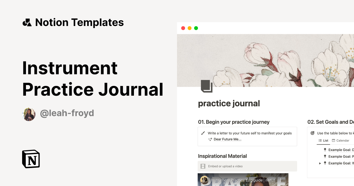Instrument Practice Journal by Leah Froyd Notion Template