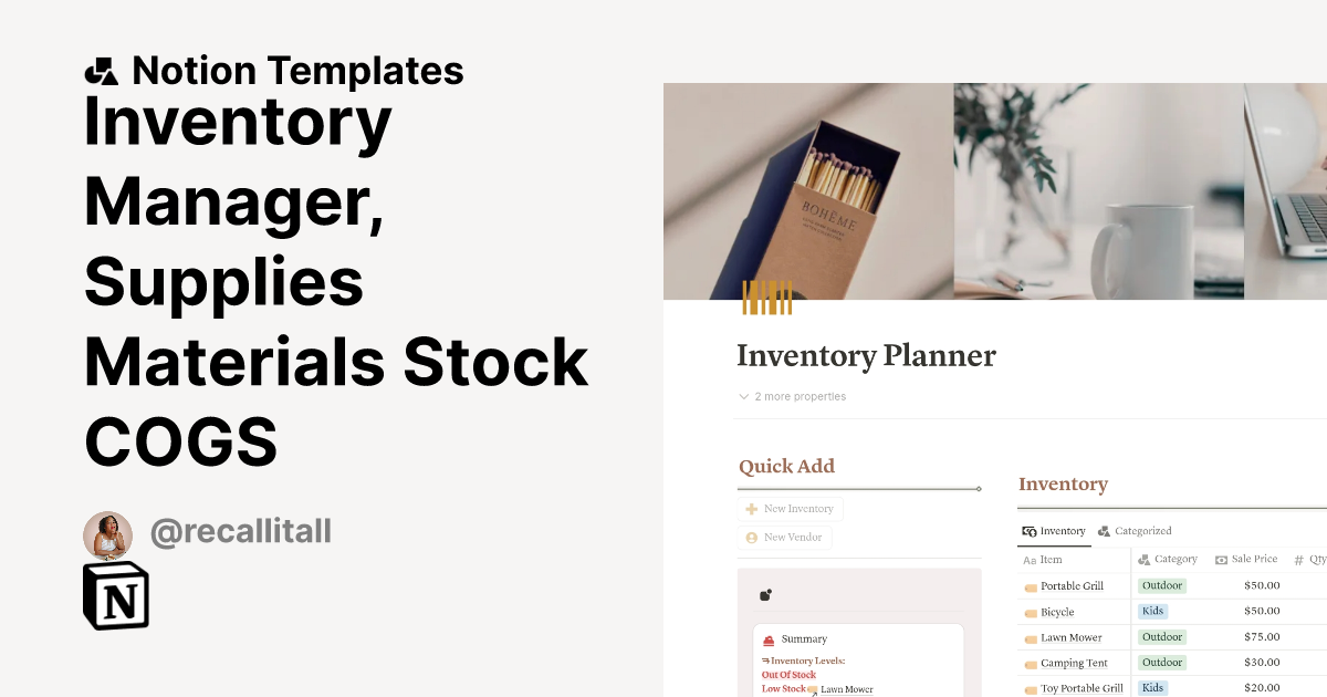 Inventory Planner with Production Cost Calculator Notion Template