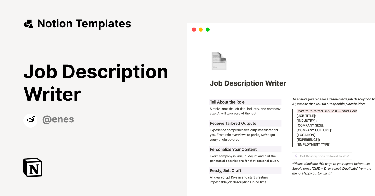 Job Description Writer by Enes Notion Template