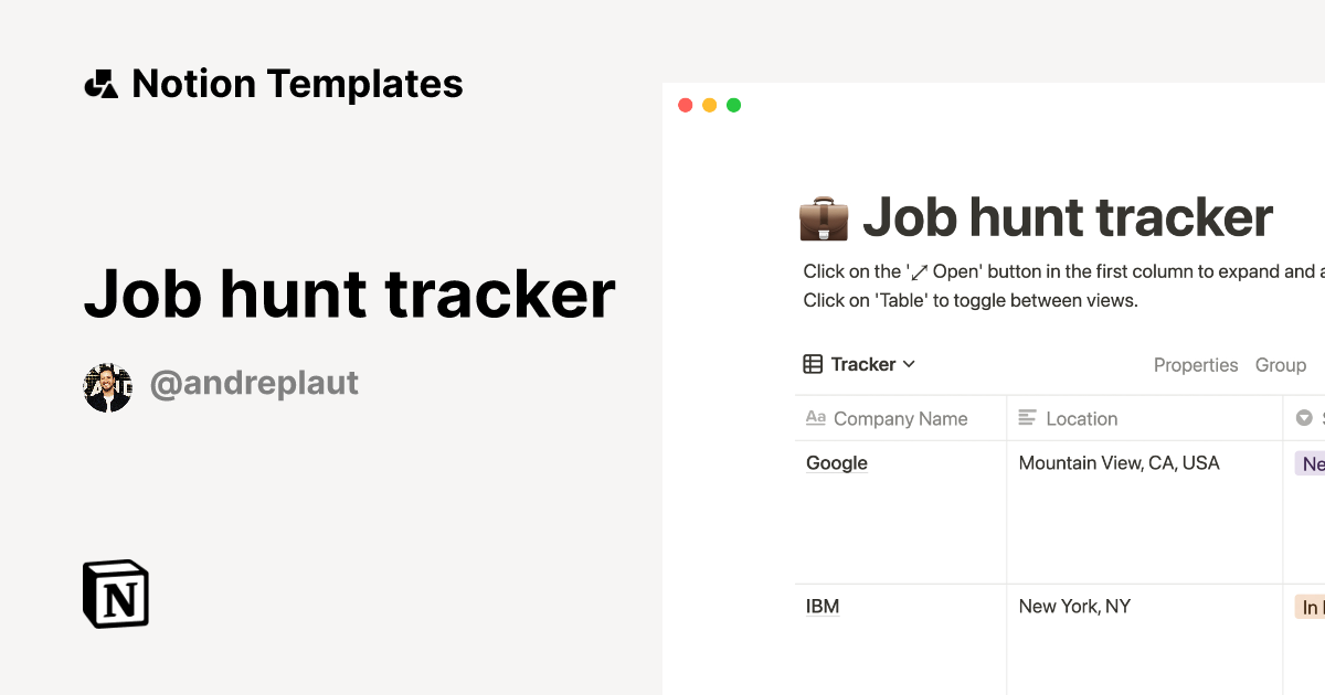 Job hunt tracker Template by Andre Plaut | Notion Marketplace