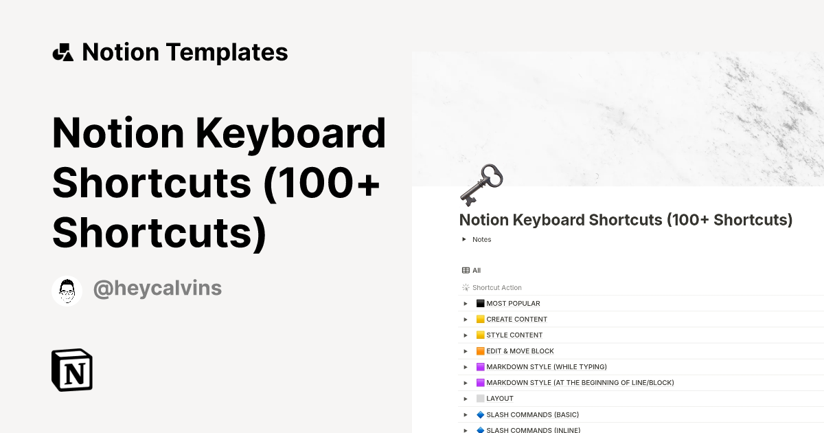 Notion Keyboard Shortcuts (100+ Shortcuts) Notion Template