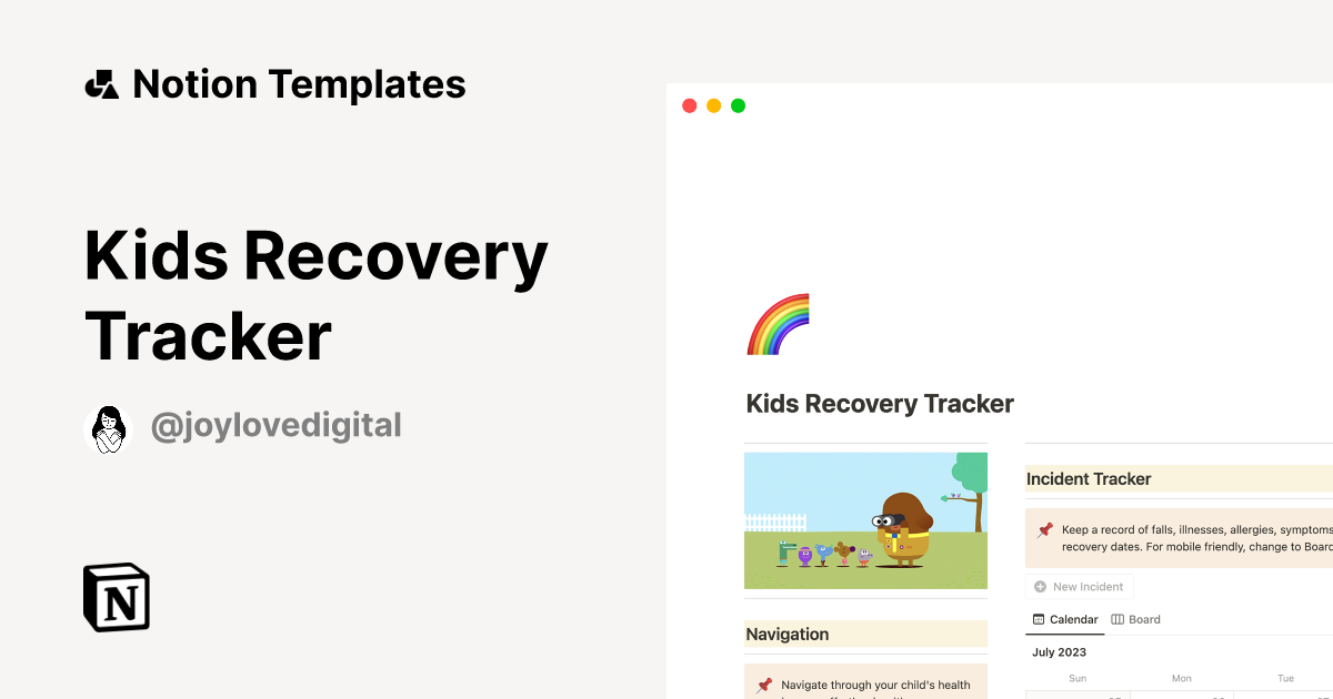 Kids Recovery Tracker by JoyLoveDigital Notion Mom Notion Template
