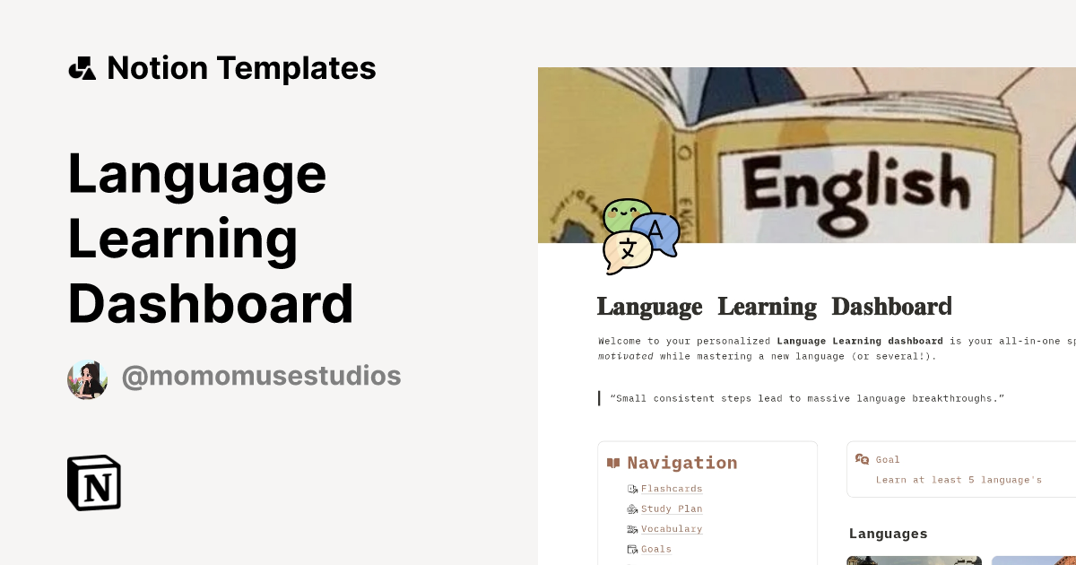 Language Learning Dashboard Notion Template
