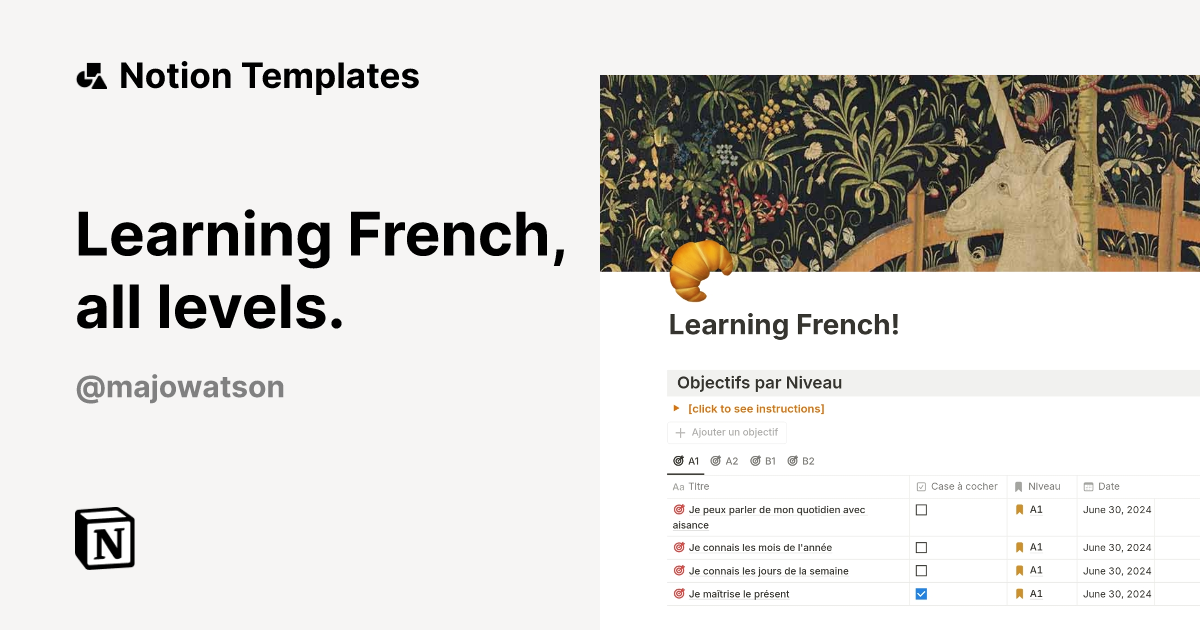 Learning French, all levels. Notion Template