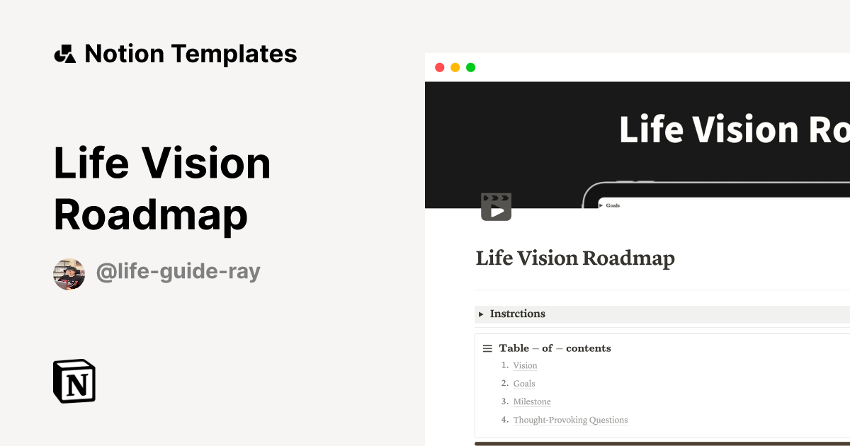 Life Vision Roadmap by LifeGuideRay Notion Template