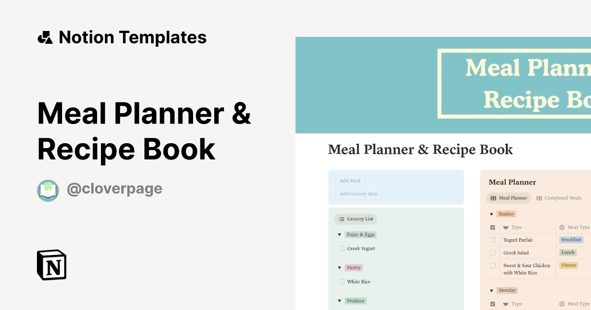 Meal Planner Recipe Book Notion Template
