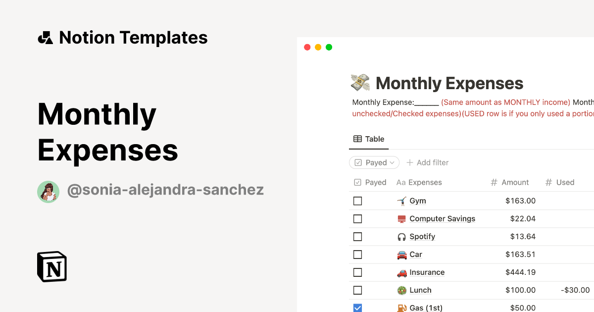 Monthly Expenses by Sonia Alejandra Sanchez Notion Template