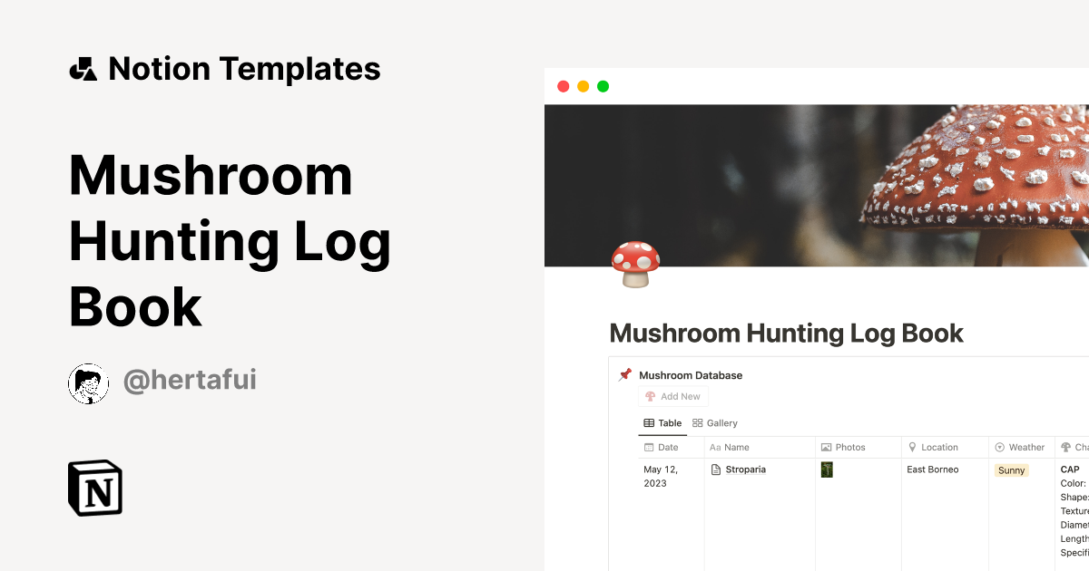 Mushroom Hunting Log Book by Hertafui Notion Template