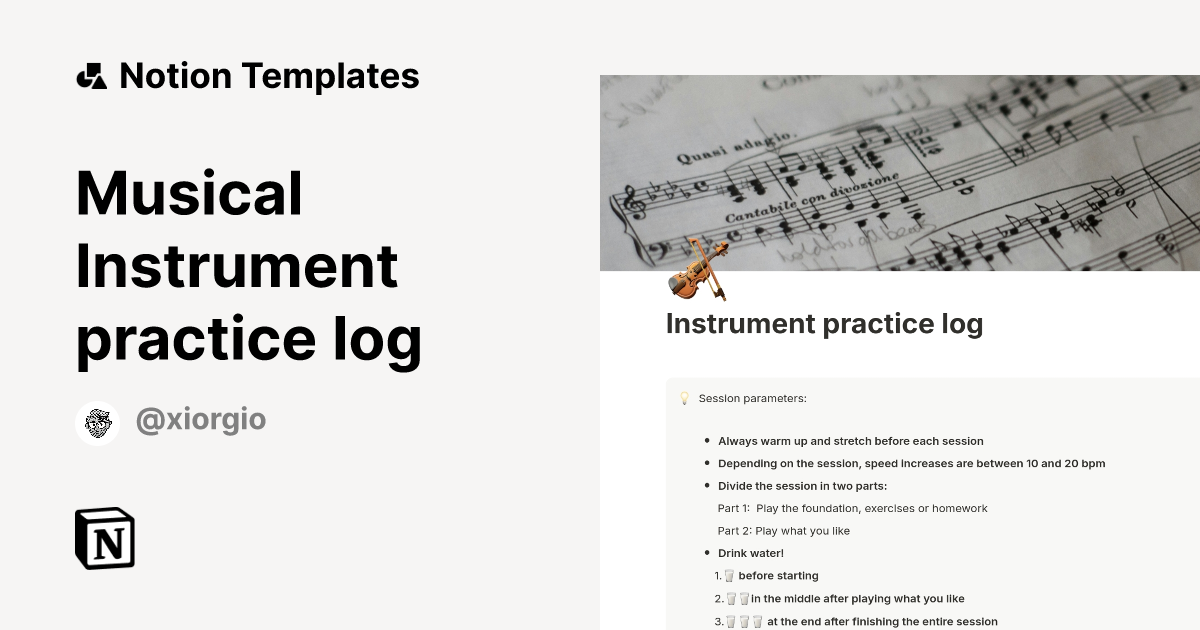 Musical Instrument practice log Notion Template