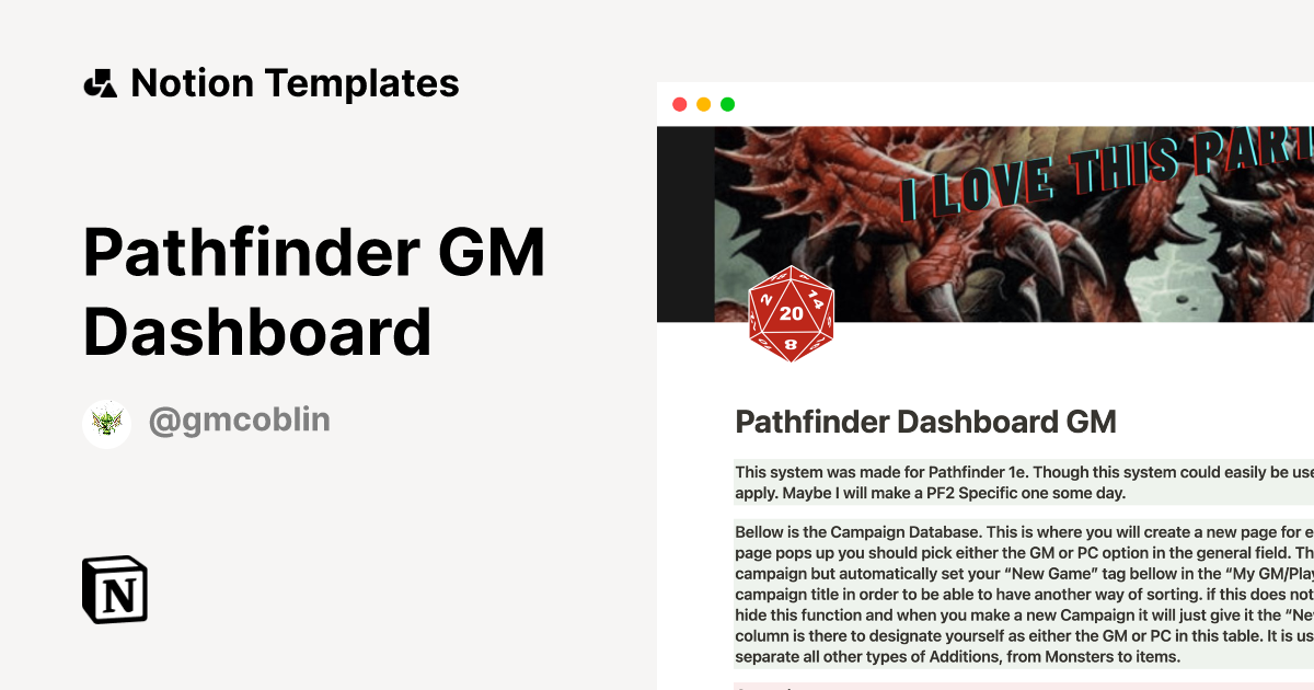 Pathfinder GM Dashboard Notion Template