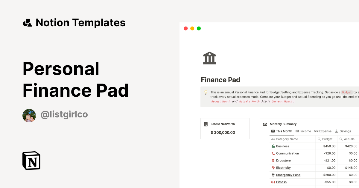 Personal Finance Pad by List Girl Notion Template