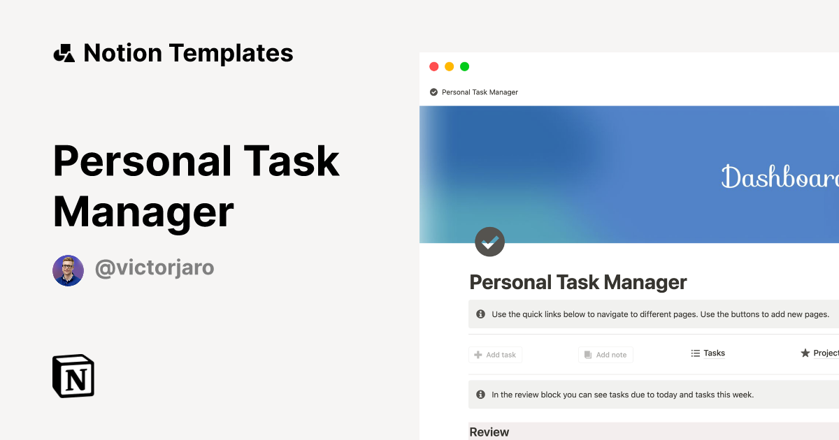 Personal Task Manager Template by Victor Jaro | Notion Marketplace image.