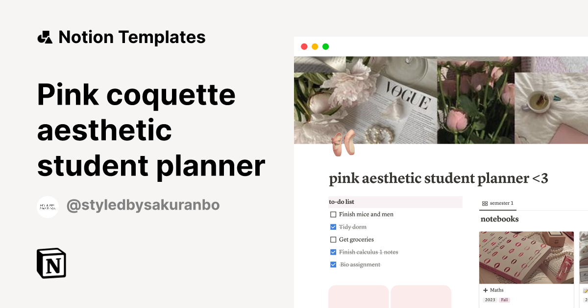 Pink coquette aesthetic student planner | Notion Template