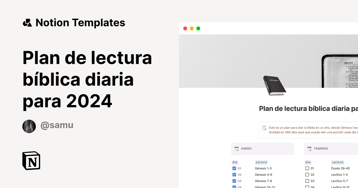 Plan de lectura bíblica diaria para 2024 Notion Template