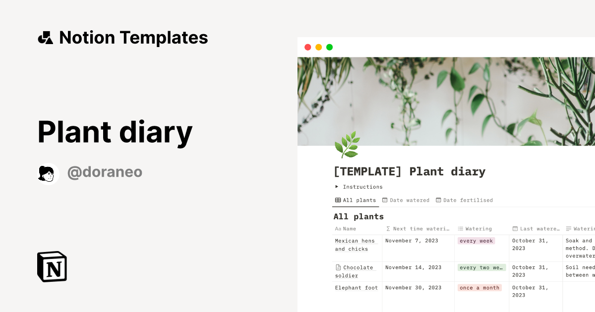 Plant diary by Doraneo Notion Template