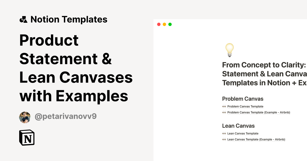 Product Statement & Lean Canvases with Examples Notion Template
