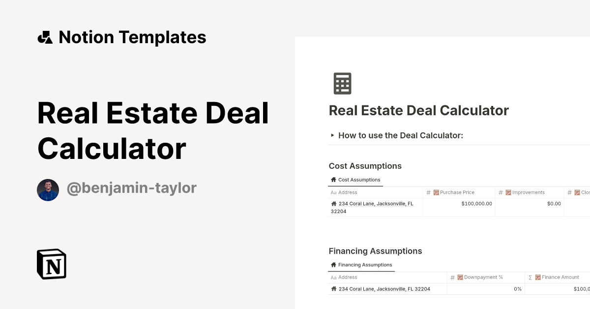 Real Estate Deal Calculator Notion Template