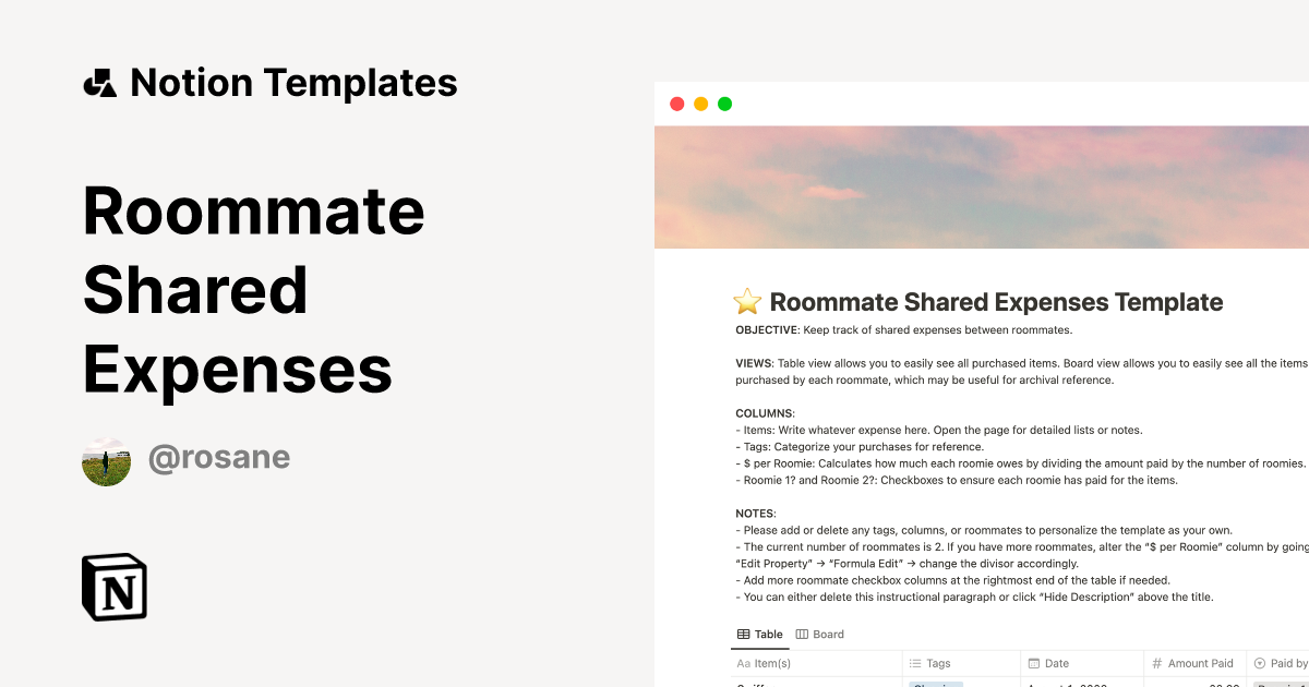 Roommate Shared Expenses by Rose Notion Template