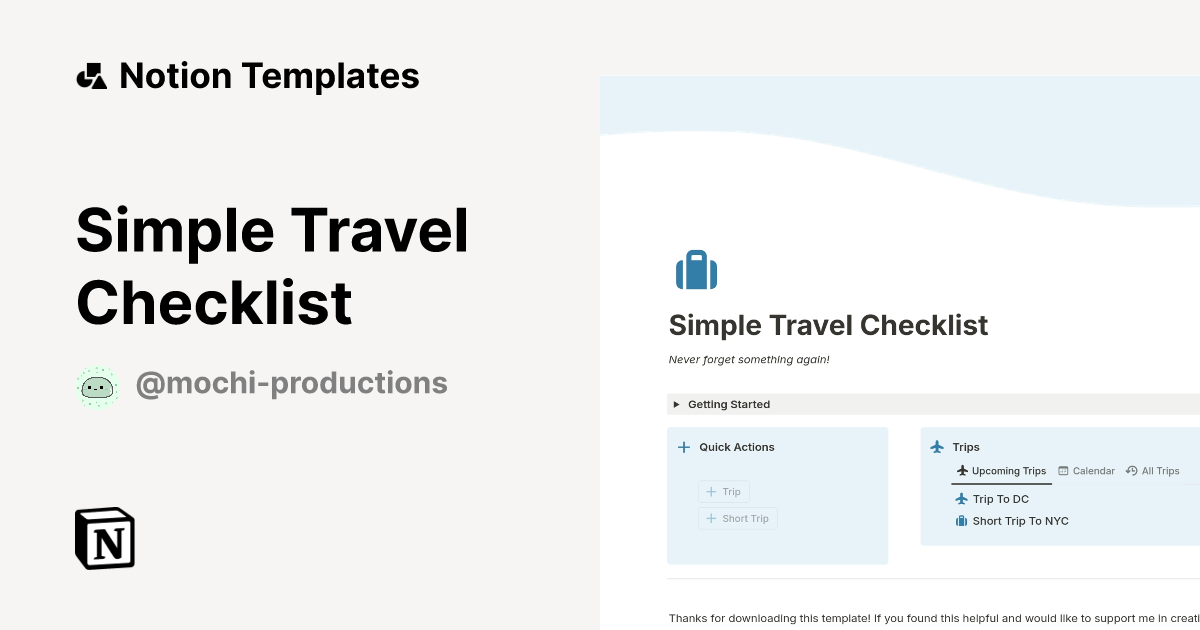 Simple Travel Checklist Template by Mochi Productions | Notion Marketplace