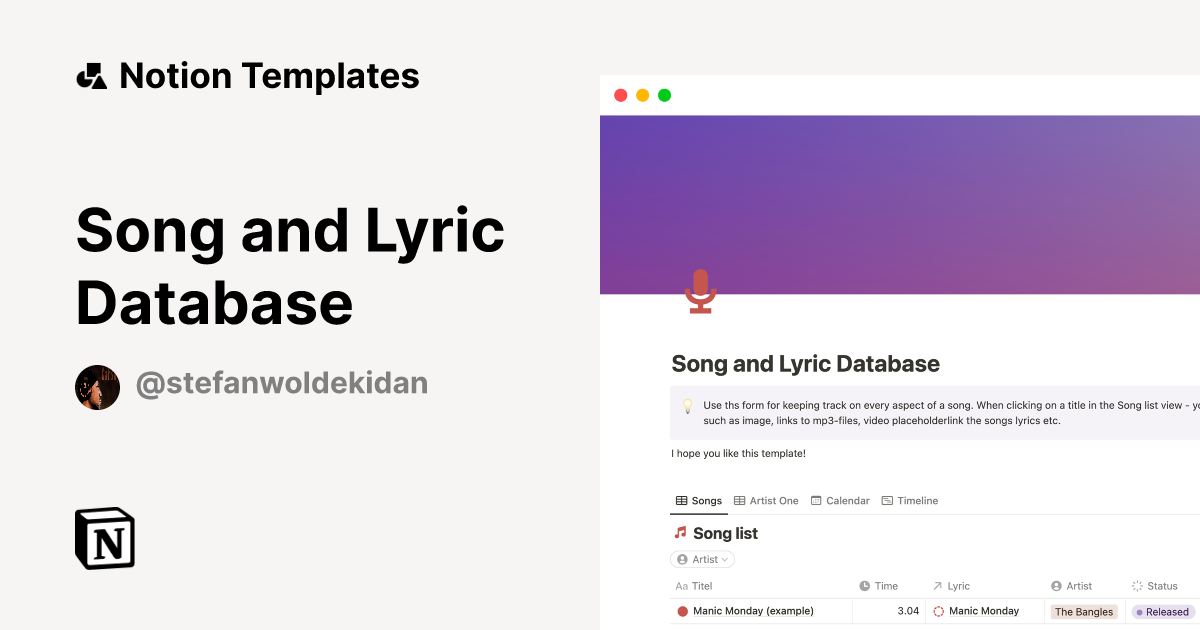 Song and Lyric Database by Stefan Woldekidan Notion Template