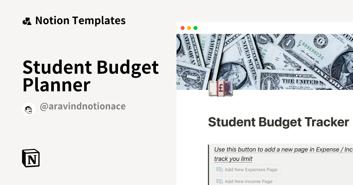 Student Budget Planner by AravindNotionAce Notion Template