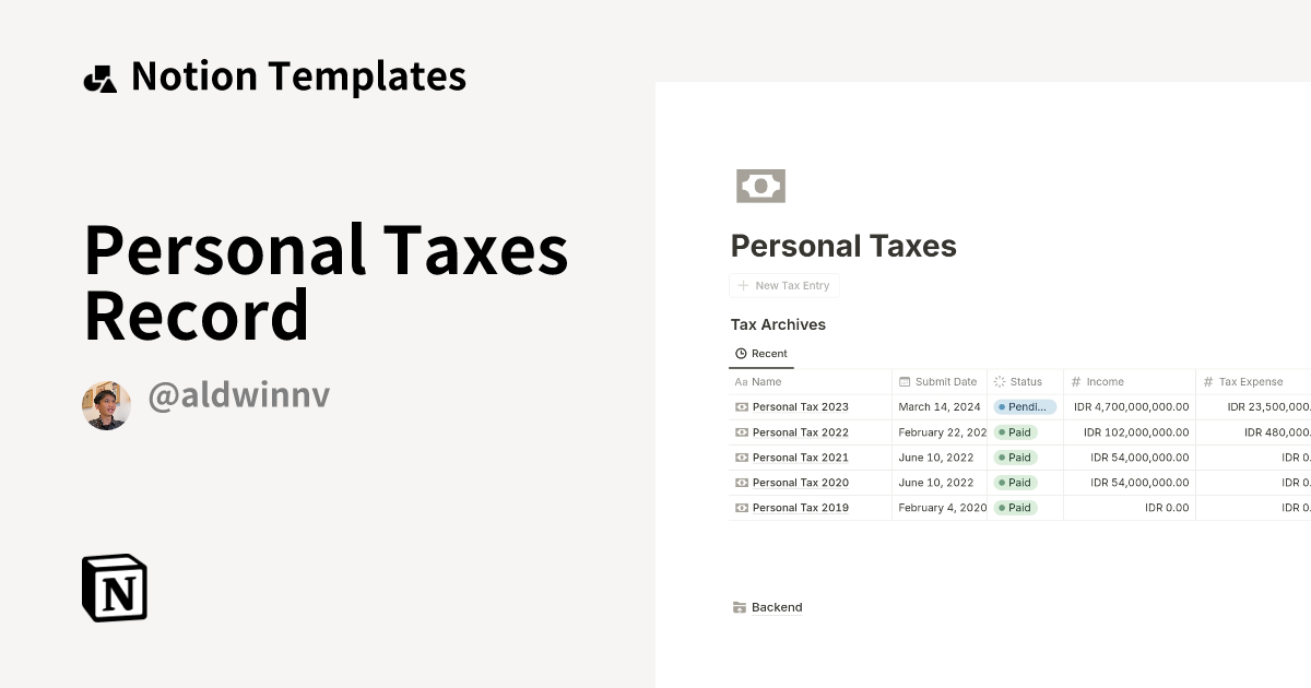 Personal Taxes Record Notion Template