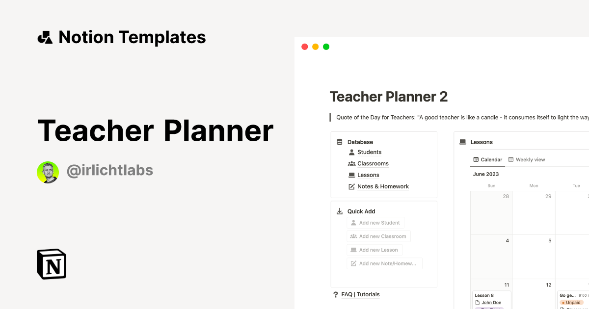 Teacher Planner by IrlichtLabs Notion Template