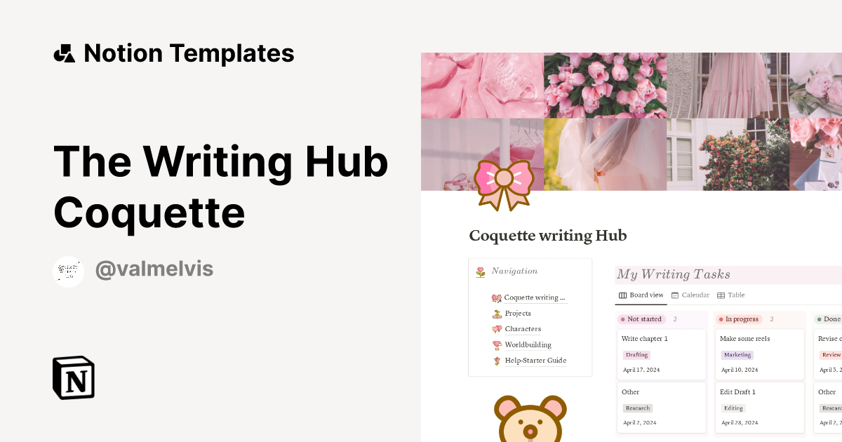 The Writing Hub Coquette by Aesthetic Writer's Desk Notion Template