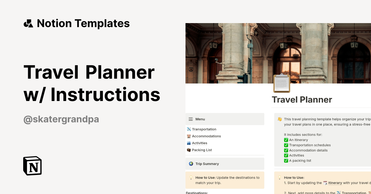 Travel Planner w/ Instructions Notion Template