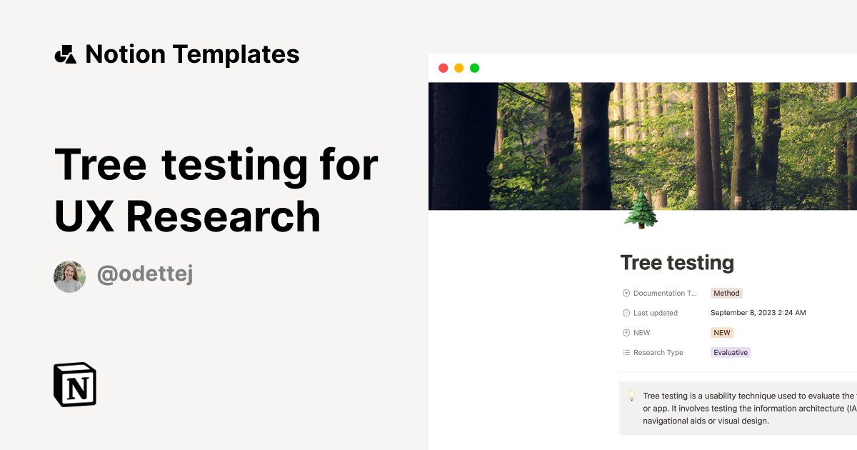 Tree testing for UX Research Template by Odette Jansen | Notion Marketplace image.