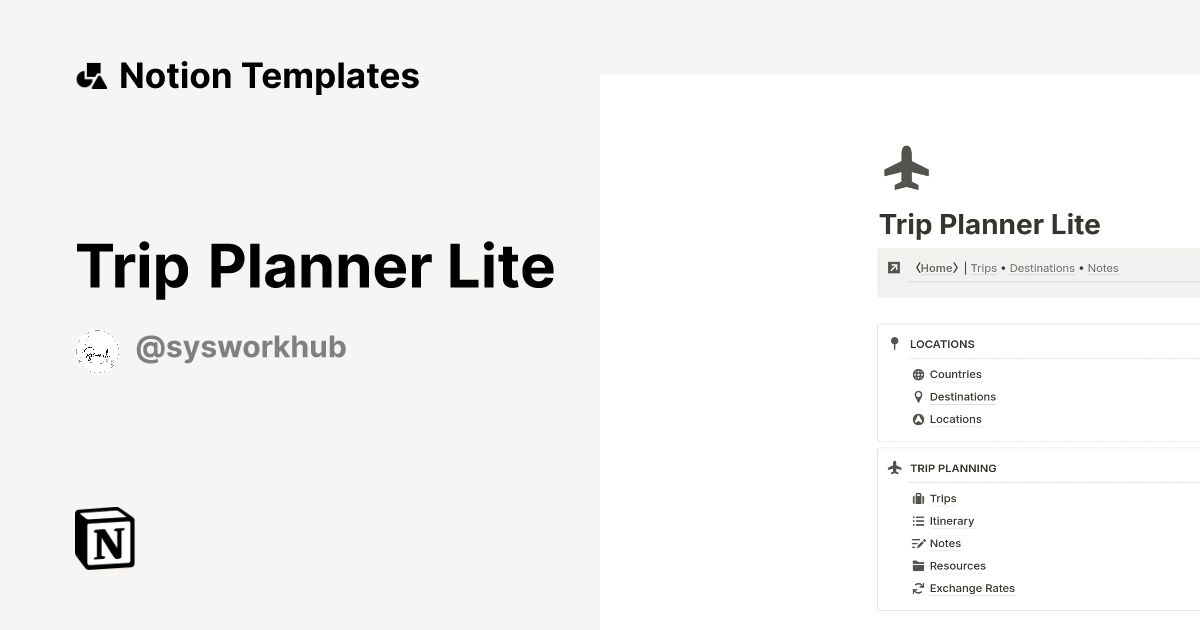 Trip Planner Lite by Syswork Hub Notion Template
