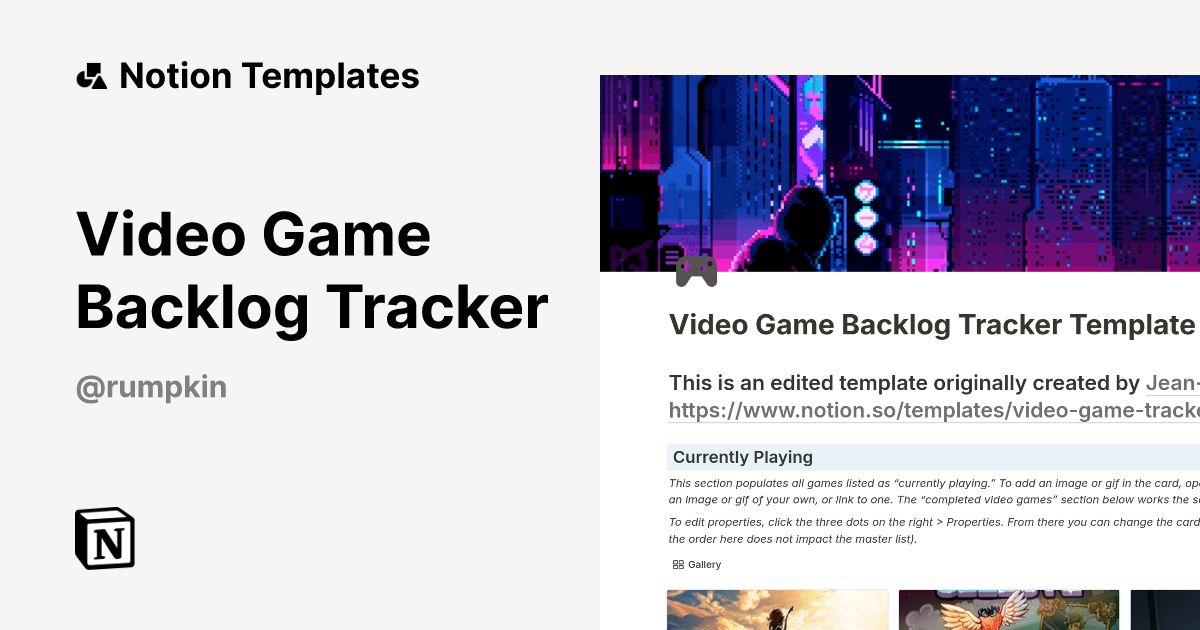 Video Game Backlog Tracker by Rumpkin Notion Template