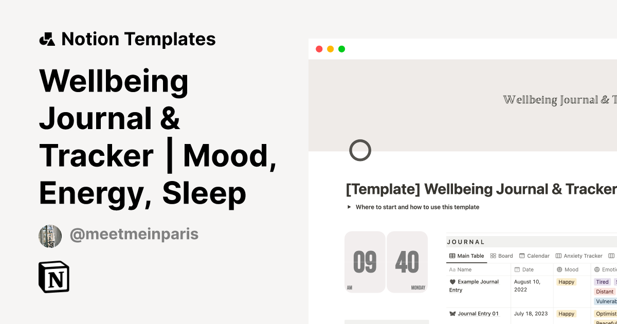 Wellbeing Journal & Tracker Mood, Energy, Sleep by Meet me in Paris Notion Template