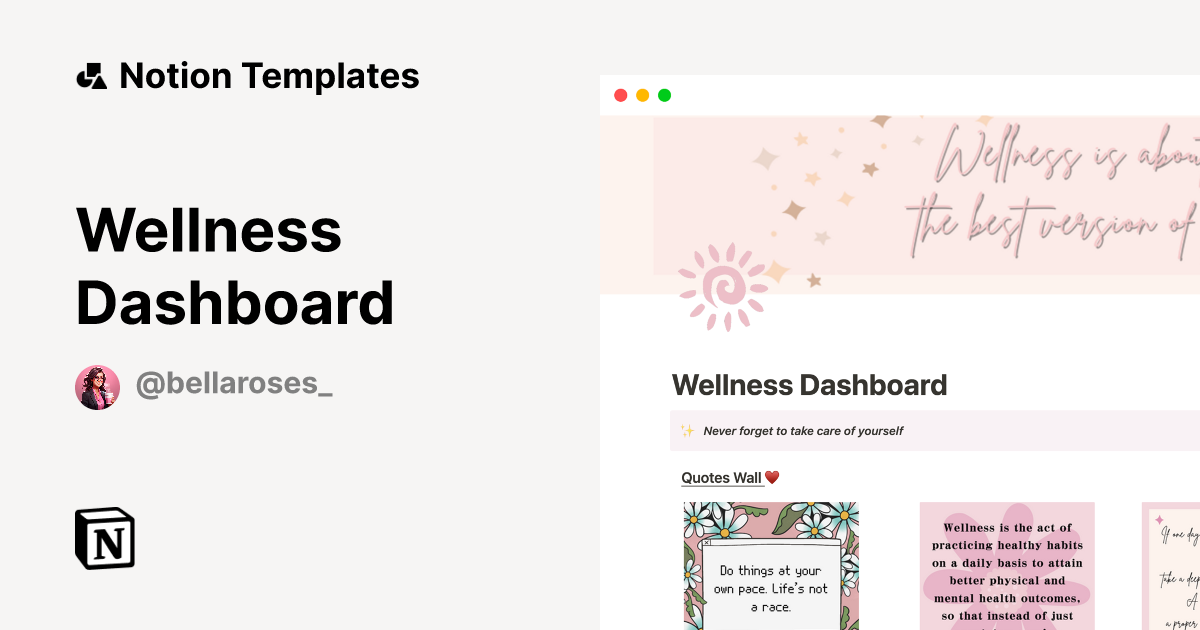 Wellness Dashboard by Bella Rose Notion Template