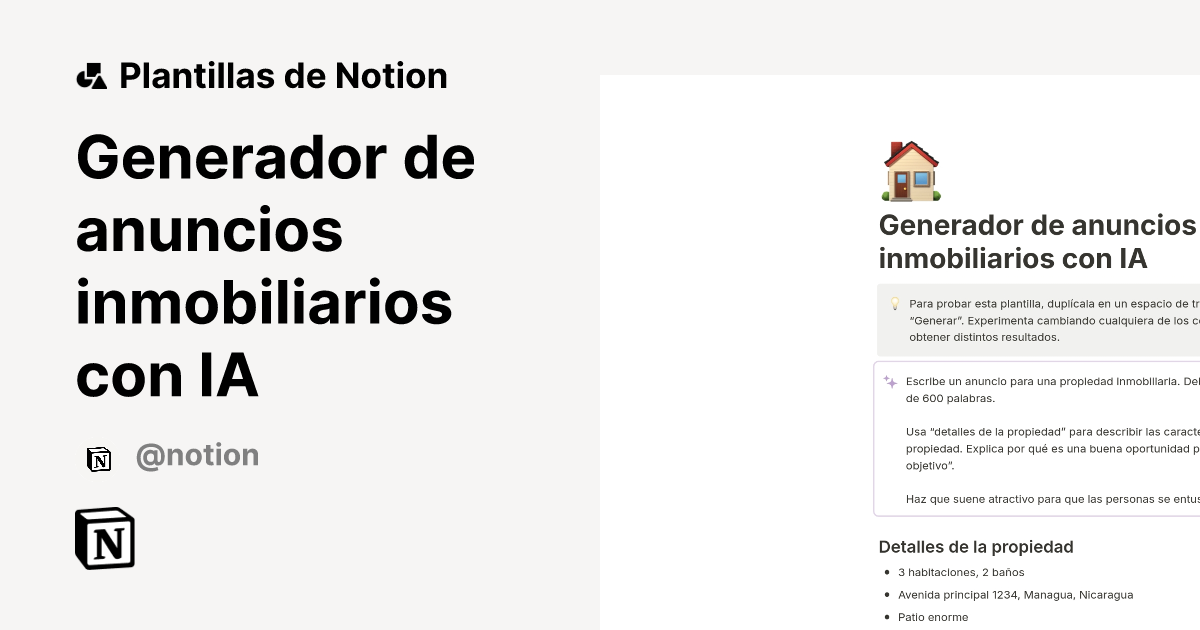 Generador de anuncios inmobiliarios con IA 2024 Plantilla de Notion